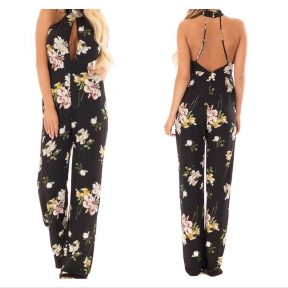Black floral halter jumpsuit pockets